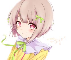 Rule 34 | 1girl, artist name, artist request, back bow, blush, bow, breasts, brown hair, dress, female focus, green bow, green ribbon, grey hair, hair bow, hatigatu, light brown hair, long sleeves, looking at viewer, love live!, love live! nijigasaki high school idol club, love live! school idol festival, mutekikyuu believer, nakasu kasumi, parted lips, purple eyes, red eyes, ribbon, short hair, small breasts, smile, solo, striped clothes, striped dress, upper body, vertical-striped clothes, vertical-striped dress, white background, white detached collar, yellow dress