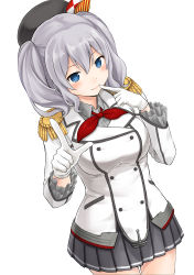 Rule 34 | 10s, 1girl, bad id, bad pixiv id, beret, blue eyes, curly hair, epaulettes, finger to mouth, gloves, hat, kantai collection, kashima (kancolle), long hair, looking at viewer, pleated skirt, silver hair, simple background, skirt, smile, solo, twintails, white background, white gloves, yuuki kazuhito