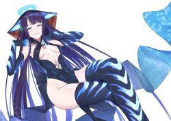Rule 34 | 1girl, bare shoulders, blue dress, blue eyes, blue gloves, blue headwear, blue thighhighs, blunt bangs, blush, breasts, center opening, crossed legs, dress, elbow gloves, fate/grand order, fate (series), gloves, grin, hair ornament, halo, hands up, highres, leaf hair ornament, long hair, looking at viewer, medium breasts, purple hair, saru (pixiv13751598), sash, simple background, smile, solo, thighhighs, thighs, very long hair, white background, yang guifei (fate), yang guifei (third ascension) (fate)