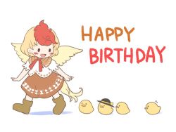 Rule 34 | 1girl, :d, animal, animal on head, bird, bird on head, blonde hair, boots, brown footwear, chibi, chick, chicken, happy birthday, hat, itatatata, komeiji koishi, multicolored hair, niwatari kutaka, on head, open mouth, red hair, short hair, short sleeves, simple background, smile, solid oval eyes, solo, touhou, two-tone hair, walking, white background, wings