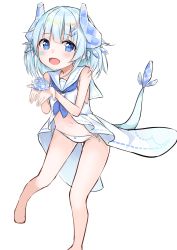 Rule 34 | 1girl, :d, absurdres, barefoot, blue eyes, blue hair, commentary request, dress, eyes visible through hair, hair ornament, hairclip, hashiko nowoto, highres, horns, ice, ice crystal, ice flower, ice horns, light blue hair, looking at viewer, medium hair, navel, open mouth, original, panties, sailor dress, side-tie panties, simple background, sleeveless, sleeveless dress, smile, solo, tail, underwear, white background, white panties
