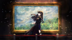 Rule 34 | 1girl, absurdres, arm at side, arsum0731, black dress, black hair, cowboy shot, dress, feathers, floating hair, flower, from side, highres, holding, holding flower, juliet sleeves, light particles, long hair, long sleeves, original, outstretched hand, painting (object), parted lips, picture frame, profile, puffy sleeves, red eyes, solo, stanchion, standing, vignetting, wind