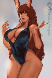 Rule 34 | 1girl, animal ear fluff, animal ears, artist name, bare arms, bare shoulders, blue one-piece swimsuit, braid, breasts, brown hair, cleavage, covered navel, cowboy shot, crown braid, dark-skinned female, dark skin, feet out of frame, final fantasy, final fantasy xiv, fingernails, highleg, highleg swimsuit, highres, holy meh, large breasts, lips, one-piece swimsuit, original, parted lips, patreon logo, patreon username, purple eyes, rabbit ears, sidelocks, square enix, swimsuit, thick thighs, thighs, viera, watermark, web address