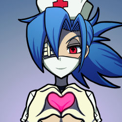 Rule 34 | + +, 1girl, absurdres, blue hair, breasts, choker, cleavage, eyepatch, gloves, hat, heart, heart hands, highres, large breasts, looking at viewer, mask, mouth mask, nurse, nurse cap, shisen, skullgirls, solo, surgical mask, symbol-shaped pupils, valentine (skullgirls), white gloves