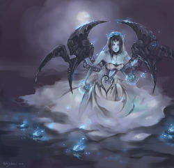 Rule 34 | 10s, 1girl, 2013, bare shoulders, black hair, black wings, blue eyes, blue fire, blue flower, blue lips, blue rose, breasts, bridal veil, bustier, chain, choker, cleavage, colored skin, dress, embers, energy, fire, flower, fog, full body, ghost bride morgana, gown, grey skin, hair flower, hair ornament, jewelry, league of legends, long hair, moon, morgana (league of legends), night, pendant, pointy ears, reflection, riyokusakimori, rose, signature, skinny, sky, solo, strapless, strapless dress, tiara, veil, wedding dress, wings