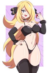 Rule 34 | 1girl, absurdres, abysswatchers, black bra, black nails, black panties, black sleeves, black thighhighs, blonde hair, border, bra, breasts, cleavage, collarbone, creatures (company), cynthia (pokemon), detached sleeves, eyebrows, eyelashes, feet out of frame, female focus, fingernails, game freak, grey eyes, hair over one eye, hand on own hip, hand up, highleg, highleg panties, highres, holding, holding poke ball, large breasts, long hair, looking at viewer, navel, nintendo, open mouth, panties, pink background, poke ball, poke ball (basic), pokemon, pokemon dppt, simple background, smile, solo, standing, thighhighs, underwear, very long hair, white border, wide hips