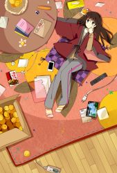 Rule 34 | 1girl, basket, blue eyes, blush, box, brown hair, cardboard box, cellphone, controller, earbuds, earphones, electric blanket, eraser, food, from above, fruit, highres, holding, holding food, long hair, long sleeves, lying, mechanical pencil, no shoes, on back, orange (fruit), original, pants, paper, pencil, phone, pillow, remote control, robe, sketchbook, smartphone, socks, solo, striped clothes, striped socks, sweater, sweatpants, table, tamagogayu1998, tissue box, wooden floor
