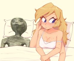 Rule 34 | 1girl, alien, arthropod girl, bare shoulders, blonde hair, blush, breasts, cleavage, closed mouth, collarbone, extra arms, fangs, guy tired after sex (meme), hand up, highres, insect girl, large breasts, long hair, lying, meme, mexico ufo alien bodies hearing (meme), on back, original, own hands together, purple eyes, shiny skin, sideways glance, simple background, spider girl, sweat, xyronii