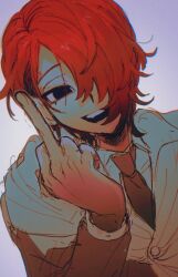 Rule 34 | 1boy, black necktie, cape, collared shirt, commentary request, empty eyes, hair over one eye, hand up, highres, long sleeves, looking at viewer, male focus, master detective archives: rain code, middle finger, necktie, oishikunatte shintoujou, open mouth, red hair, shirt, short hair, simple background, smile, solo, upper body, white cape, white shirt, yomi hellsmile