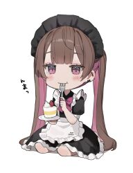 Rule 34 | 1girl, apron, black dress, blunt bangs, blush, bow, bowtie, brown hair, cake, chibi, colored inner hair, daluto (hitomi555), dress, ear piercing, earrings, eating, food, fork, frilled dress, frills, highres, holding, holding cake, holding food, holding fork, jewelry, kneeling, looking at viewer, maid, maid apron, maid headdress, multicolored hair, original, piercing, pink bow, pink bowtie, purple eyes, smile, solo, twintails
