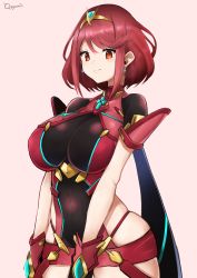 Rule 34 | 1girl, absurdres, black gloves, black legwear, breasts, cleavage, earrings, fingerless gloves, gem, gloves, headpiece, highres, jewelry, large breasts, looking at viewer, nintendo, open mouth, pyra (xenoblade), red eyes, red hair, short hair, sidelocks, simple background, solo, strap, super smash bros., swept bangs, thighs, tiara, xenoblade chronicles (series), xenoblade chronicles 2