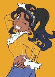 Rule 34 | 1girl, arm behind head, belt, black hair, blue eyes, buttons, commentary, creatures (company), cropped shirt, curly hair, dahlia (pokemon), earrings, elizabeth (tomas21), eyelashes, eyeshadow, frills, from side, game freak, grey pants, grin, hand on own hip, hand up, highres, jewelry, long sleeves, looking at viewer, makeup, nail polish, nintendo, one eye closed, orange background, orange shirt, pants, pokemon, pokemon dppt, pokemon platinum, ponytail, shirt, simple background, smile, solo, striped clothes, striped shirt, vertical-striped clothes, vertical-striped shirt, white belt, yellow eyeshadow