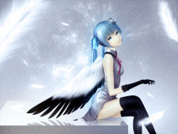 Rule 34 | 1girl, blue eyes, blue hair, elbow gloves, feathers, gloves, hatsune miku, highres, crossed legs, long hair, matching hair/eyes, oki (koi0koi), sitting, solo, thighhighs, twintails, vocaloid, wings