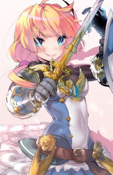 Rule 34 | 1girl, :q, belt, blonde hair, blue eyes, blush, breasts, fencer (sekaiju), gauntlets, long hair, looking at viewer, low twintails, naso4, etrian odyssey, sekaiju no meikyuu 5, smile, solo, sword, tongue, tongue out, twintails, weapon