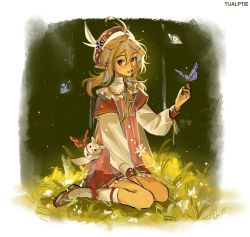 Rule 34 | 1girl, beret, blonde hair, blush, brown footwear, bug, butterfly, dodoco (genshin impact), dress, flower, genshin impact, grass, hat, hat feather, highres, insect, klee (genshin impact), layered clothes, long pointy ears, parted lips, pointy ears, red dress, red eyes, shirt, shoes, sitting, smile, socks, solo, tualptie, wariza, white flower, white shirt, white socks