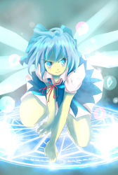 Rule 34 | &gt;:), 1girl, blue eyes, blue hair, bow, cirno, female focus, full body, gradient background, hair bow, highres, ice, magic circle, matching hair/eyes, ribbon, short hair, smile, solo, squatting, ss (curry 310), touhou, v-shaped eyebrows, wings