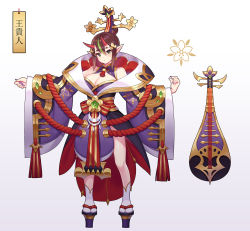 Rule 34 | 1girl, bare shoulders, blush, breasts, brown hair, cleavage, closed mouth, fingernails, gradient background, grey background, hair ornament, hayate (leaf98k), horns, instrument, instrument request, japanese clothes, kimono, large breasts, long sleeves, looking at viewer, multicolored hair, nail polish, obi, oni, oni horns, original, platform footwear, pointy ears, purple kimono, purple nails, sandals, sash, solo, streaked hair, tabi, tassel, white legwear, yellow eyes