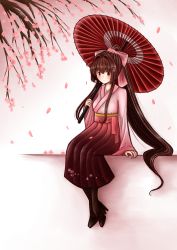 Rule 34 | 1girl, absurdres, alternate costume, boots, bow, branch, brown eyes, brown hair, cherry blossoms, flower, hair bow, hair flower, hair ornament, hakama, hakama skirt, high heel boots, high heels, highres, holding, holding umbrella, japanese clothes, kantai collection, kimono, long hair, meiji schoolgirl uniform, oil-paper umbrella, pink bow, pink kimono, ponytail, red hakama, sitting, skirt, solo, umbrella, very long hair, wide sleeves, xiao yi, yamato (kancolle)