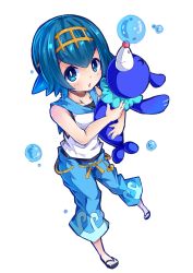 Rule 34 | 1girl, :o, baggy pants, bare shoulders, blue eyes, blue hair, blue sailor collar, blush, bubble, capri pants, closed eyes, creatures (company), feet, full body, game freak, gen 7 pokemon, hair between eyes, hair ornament, highres, hug, ishimu, lana (pokemon), looking at viewer, nintendo, open mouth, pants, pokemon, pokemon (creature), pokemon sm, popplio, sailor collar, sandals, short hair, simple background, sleeveless, slippers, swimsuit, swimsuit under clothes, trial captain, white background
