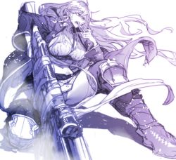 Rule 34 | antenna hair, between breasts, breasts, foreshortening, granblue fantasy, gun, long hair, miniskirt, on one knee, panties, pantyshot, rifle, silva (granblue fantasy), simple background, skirt, sniper rifle, solo, strap between breasts, tagme, underwear, very long hair, weapon, white background