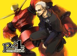 Rule 34 | 1boy, atlus, blonde hair, facial hair, fact, full body, glasses, kneeling, long sleeves, looking at viewer, monster, mustache, pants, persona, persona 4, rokuten mao, simple background, tatsumi kanji, yellow background