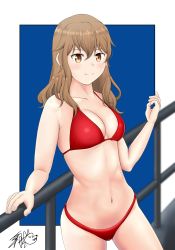 Rule 34 | 1girl, absurdres, bad id, bad pixiv id, bikini, breasts, brown eyes, brown hair, cleavage, fernandia malvezzi, highres, long hair, looking at viewer, medium breasts, navel, satukiookami, simple background, smile, solo, standing, strike witches, swimsuit, world witches series