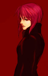 Rule 34 | 1girl, coat, ghost in the shell, kusanagi motoko, monochrome, purple hair, red eyes, red theme, short hair, simple background, solo