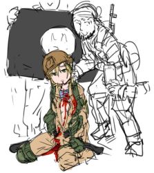 Rule 34 | 1girl, 3boys, blonde hair, blood, blood from mouth, blood on clothes, breasts, death, dutchko, empty eyes, execution, flag, green eyes, guro, medium breasts, multiple boys, phone