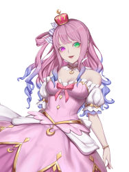 Rule 34 | 1girl, absurdres, ahoge, bare shoulders, bracelet, breasts, candy hair ornament, crescent, crescent necklace, crown, detached collar, dress, eyelash curler, food-themed hair ornament, frilled dress, frills, gradient hair, green eyes, hair ornament, hair rings, heterochromia, highres, himemori luna, himemori luna (1st costume), hololive, impossible clothes, impossible dress, jewelry, kumiko shiba, long hair, looking at viewer, mini crown, multicolored hair, necklace, off-shoulder dress, off shoulder, one side up, pink dress, pink eyes, pink hair, princess, puffy short sleeves, puffy sleeves, purple hair, short sleeves, simple background, smile, solo, tilted headwear, virtual youtuber, wavy hair, white background