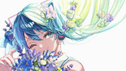 Rule 34 | 1girl, aqua eyes, aqua hair, aqua nails, backlighting, bare shoulders, bouquet, closed mouth, commentary request, floating hair, flower, hair flower, hair ornament, hatsune miku, highres, holding, holding bouquet, kotatsukarakita, long hair, looking at viewer, nail polish, one eye closed, portrait, simple background, smile, solo, vocaloid, white background