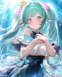 Rule 34 | 1girl, alice vu, black dress, blue nails, commentary, crown, crying, crying with eyes open, dress, english commentary, finana ryugu, fins, flower, green hair, hair flower, hair ornament, hands on own chest, head fins, highres, long hair, nail polish, nijisanji, nijisanji en, off shoulder, purple eyes, purple flower, smile, solo, tears, twintails, virtual youtuber