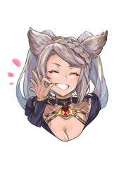 Rule 34 | 1girl, animal ears, braid, breasts, cleavage, collarbone, commentary request, cropped torso, dress, closed eyes, fraux, granblue fantasy, grey hair, grin, hand up, hide (hideout), highres, long hair, ok sign, purple dress, simple background, smile, solo, upper body, white background