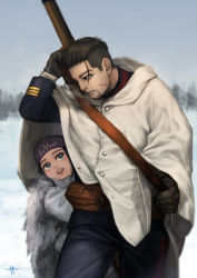 Rule 34 | 1boy, 1girl, :d, asirpa, beard, black gloves, black hair, blue eyes, blue jacket, blue pants, blurry, blurry background, cape, day, eye contact, facial hair, facial scar, gloves, golden kamuy, grey sky, headband, jacket, long hair, long sleeves, looking at another, looking down, looking up, mitsuya, ogata hyakunosuke, open mouth, outdoors, pants, parted lips, purple headband, scar, scar on cheek, scar on face, short hair, sky, smile, snow, very short hair, white cape, winter