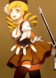 Rule 34 | 10s, 1girl, bad id, bad pixiv id, beret, blonde hair, breasts, corset, detached sleeves, drill hair, fingerless gloves, gloves, gun, hat, highres, lemontea, magical girl, magical musket, mahou shoujo madoka magica, mahou shoujo madoka magica (anime), open mouth, outstretched arm, pleated skirt, skirt, smile, solo, striped clothes, striped thighhighs, thighhighs, tomoe mami, vertical-striped clothes, vertical-striped thighhighs, weapon, yellow eyes