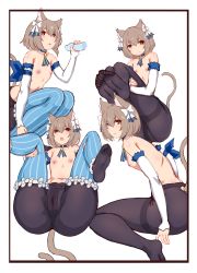 Rule 34 | 10s, 1girl, :3, :p, absurdres, animal ears, arm ribbon, arm support, bare shoulders, black pantyhose, blue neckwear, blue thighhighs, bob cut, bolo tie, border, bow, brown hair, cat ears, cat tail, chestnut mouth, choker, closed mouth, collarbone, commentary request, detached sleeves, disembodied penis, eyes visible through hair, fang, feet, felix argyle, flat chest, flat color, from side, genderswap, genderswap (mtf), groin, hair between eyes, hair bow, hair ribbon, half-closed eyes, hand up, handjob, highres, hu sea, hugging own legs, jewelry, leaning back, legs up, light smile, looking at viewer, looking to the side, multiple views, navel, nipples, no dress, no legwear, no nose, no shoes, open mouth, orange eyes, pantyhose, parted bangs, partially visible vulva, pendant, penis, pussy, re:zero kara hajimeru isekai seikatsu, ribbon, see-through, shiny skin, short hair, simple background, sitting, sleeve cuffs, slit pupils, soles, squatting, striped clothes, striped pantyhose, striped ribbon, striped thighhighs, tail, thighband pantyhose, thighhighs, thighhighs over pantyhose, toeless legwear, toes, tongue, tongue out, vertical-striped clothes, vertical-striped thighhighs, wariza, white background, white bow
