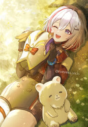 Rule 34 | 1girl, ;d, animal, bare shoulders, bear, belt, black belt, black gloves, colored inner hair, commentary request, gloves, hair ornament, highres, holding, holding animal, honkai: star rail, honkai (series), lying, multicolored hair, nanamo yado, numby (honkai: star rail), on back, one eye closed, open mouth, red hair, shorts, smile, thigh strap, thighs, topaz (honkai: star rail), trotter (honkai: star rail), white hair