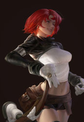 Rule 34 | 1girl, absurdres, armlet, bad anatomy, belt, brown background, feiren shaonu, gloves, highres, hunting era, midriff, navel, one eye closed, parted lips, pouch, red hair, ribbed shirt, shirt, short hair, short shorts, shorts, grey eyes, solo, white footwear, white gloves, white shirt