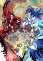 Rule 34 | 2boys, annotation request, artist name, banner, blue hair, character request, chinese clothes, jinguang budaixi, long hair, multiple boys, paparaya, perspective, pili budaixi, playing games, red hair, xiangqi