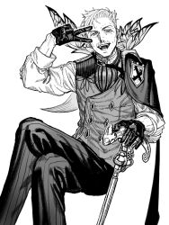 Rule 34 | 1boy, ascot, cane, cape, commentary request, fate/grand order, fate (series), gloves, greyscale, highres, holding, holding cane, james moriarty (archer) (fate), male focus, mikusansei, monochrome, old, old man, open mouth, pinstripe pattern, sitting, smile, striped, v, vest, wrinkled skin