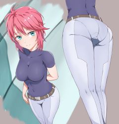 Rule 34 | 1girl, aqua eyes, artist request, ass, blush, breasts, cameltoe, feldt grace, from behind, from below, gundam, gundam 00, looking at viewer, medium breasts, multiple views, pants, pantylines, pink hair, shirt, short hair, skin tight, smile, tight clothes, tight pants