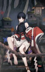 Rule 34 | 1boy, androgynous, artist name, bare shoulders, barefoot, bell, belt, birdhouse, black eyes, black hair, black shirt, branch, chinikuniku, closed mouth, commentary request, dated, detached sleeves, facial mark, feet, foot out of frame, forest, grass, hair ornament, highres, japanese clothes, lamppost, legs, long hair, long sleeves, looking at viewer, male focus, nature, original, outdoors, parted bangs, pinwheel, red belt, red ribbon, red sleeves, ribbon, rope, shirt, shorts, sitting, sleeveless, sleeveless shirt, smile, solo, stairs, tassel, toenails, toes, tree, turtleneck, twintails, twitter username, water, white shorts, wide sleeves