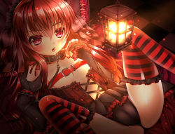 Rule 34 | 1girl, animal collar, bad id, bad pixiv id, belt, black panties, bow, cameltoe, checkered floor, collar, corset, detached sleeves, frilled sleeves, frilled thighhighs, frills, highres, iori (mutennmaru), lamp, long hair, lying, navel, on back, original, panties, red bow, red eyes, red hair, red thighhighs, saliva, saliva trail, simple background, solo, spread legs, striped clothes, striped thighhighs, thighhighs, underwear, upskirt