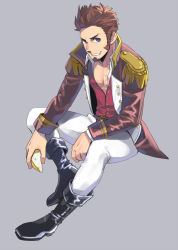 Rule 34 | 1boy, bigur, black footwear, blue eyes, boots, brown hair, epaulettes, fate/grand order, fate (series), long sideburns, looking at viewer, male focus, military, military uniform, napoleon bonaparte (fate), pants, pectorals, sideburns, sitting, smile, solo, spiked hair, uniform, white pants