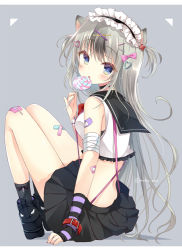 Rule 34 | 1girl, animal ears, arm warmers, back, bandaged arm, bandages, bandaid, bandaid on knee, bandaid on leg, bare shoulders, black choker, black footwear, black skirt, blue eyes, boots, breasts, candy, choker, crop top, crop top overhang, food, frilled shirt, frills, from behind, grey hair, headdress, holding, knees up, lollipop, long hair, looking at viewer, looking back, medium breasts, midriff, miniskirt, multicolored hair, original, parted lips, picpicgram, pleated skirt, sailor collar, shirt, sitting, skirt, sleeveless, sleeveless shirt, solo, suspenders, swirl lollipop, thighs, two-tone hair, very long hair, white shirt