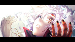Rule 34 | 1boy, allen walker, black nails, blue eyes, d.gray-man, facial mark, fukuzawa yukichi (egoist867), highres, letterboxed, looking up, male focus, nail polish, parted lips, portrait, red eyes, short hair, silver hair, solo, white background