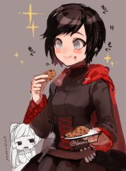 Rule 34 | 2girls, black hair, blush stickers, bob cut, breasts, chibi, chibi inset, chocolate chip cookie, cloak, closed mouth, cookie, cross-laced clothes, eating, food, grey eyes, highres, holding, long sleeves, multiple girls, plate, red cloak, ruby rose, rwby, short hair, shoxxxohs, source request, sparkle, third-party source, translation request, twitter username, weiss schnee