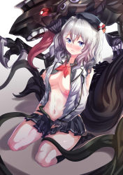 Rule 34 | 10s, 1girl, absurdres, blue eyes, blush, breasts, claws, cleavage, crying, hat, highres, julioalqae, kantai collection, kashima (kancolle), kneehighs, large breasts, long tongue, looking at viewer, navel, nipples, silver hair, sitting, skirt, socks, solo, tearing up, tentacles, tongue, tongue out, torn clothes, torn skirt, twintails, wariza