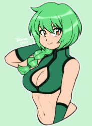 Rule 34 | 1girl, 2020, arm up, artist name, blush, braid, braided ponytail, breasts, brown eyes, cleavage, cleavage cutout, closed mouth, clothing cutout, elbow gloves, eyebrows, gloves, green background, green gloves, green hair, happy, highres, large breasts, long hair, looking at viewer, navel, original, simple background, single braid, sleeveless, smile, solo, taggo