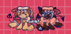 Rule 34 | 2girls, alternate skin color, bat wings, black wings, blonde hair, blue hair, buttons, closed mouth, collared shirt, commentary, dark-skinned female, dark skin, english commentary, fang, fangs, fangs out, flandre scarlet, frilled shirt collar, frills, full body, furry, hair between eyes, hat, highres, laevatein (tail), looking at viewer, magician-hero, mob cap, multicolored nails, multicolored wings, multiple girls, nail polish, one side up, open mouth, pink background, pink headwear, pink shirt, pink skirt, puffy short sleeves, puffy sleeves, purple eyes, red eyes, red ribbon, red skirt, remilia scarlet, ribbon, ribbon-trimmed headwear, ribbon trim, shirt, short sleeves, siblings, simple background, sisters, skirt, soles, tail, touhou, white headwear, white shirt, wings