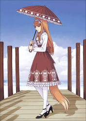 Rule 34 | 00s, 1girl, animal ears, dress, high heels, highres, holo, long hair, orbg, orebalgum, pantyhose, parasol, red eyes, red hair, shoes, solo, spice and wolf, tail, umbrella, white pantyhose, wolf ears, wolf tail